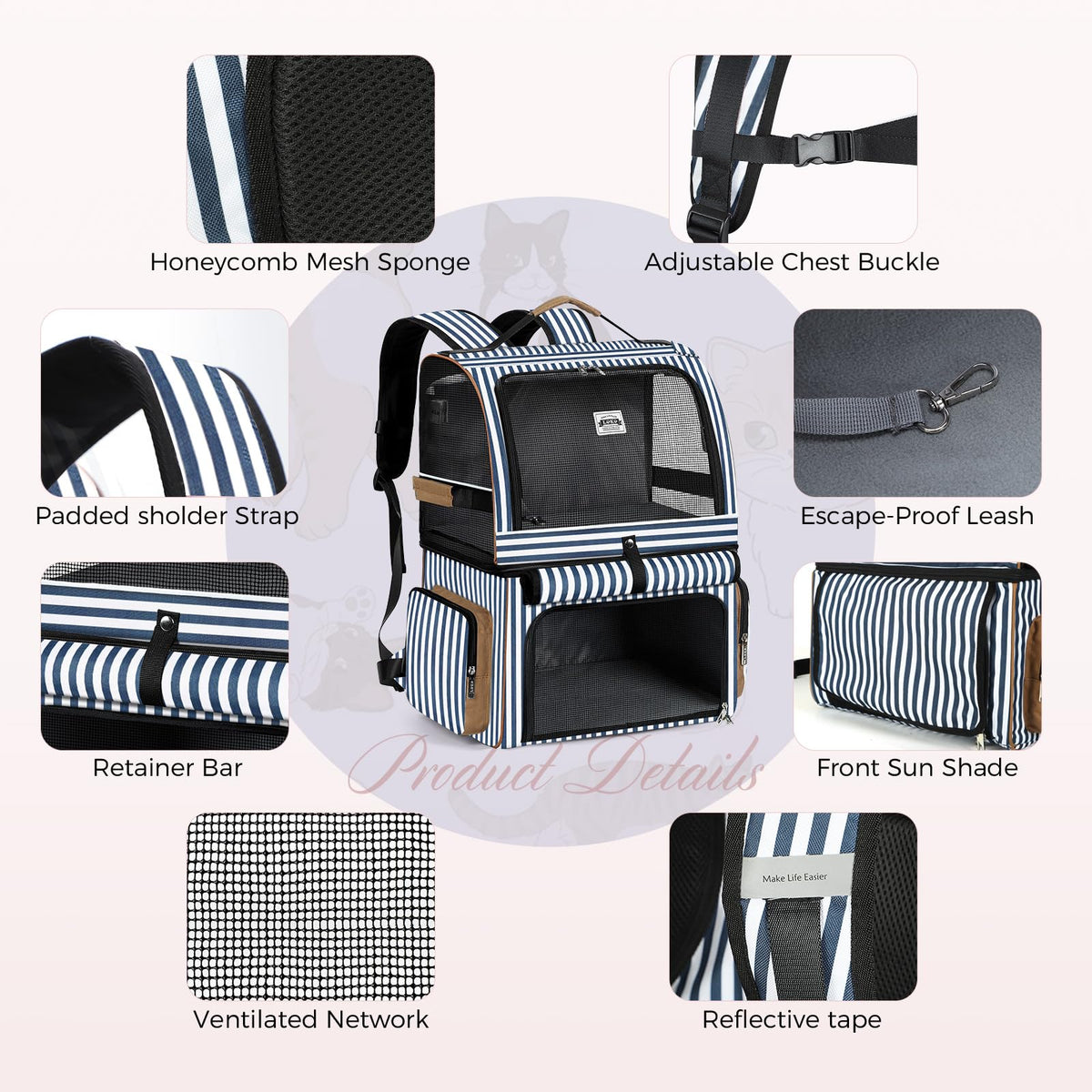 Double Cat Backpack Carrier for 2 Cats Blue Striped D8788