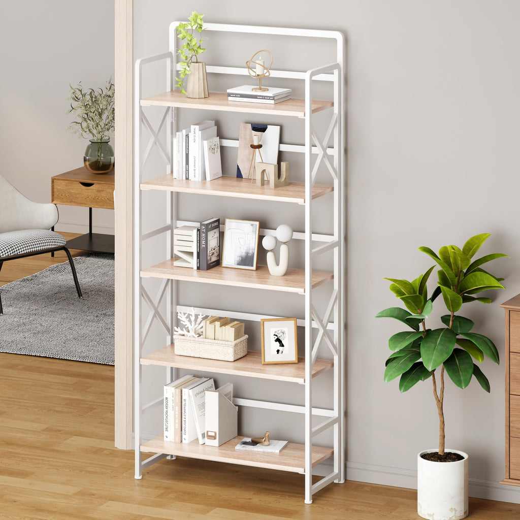 Folding Bookshelf 5 Tiers No Assembly Beige S43821