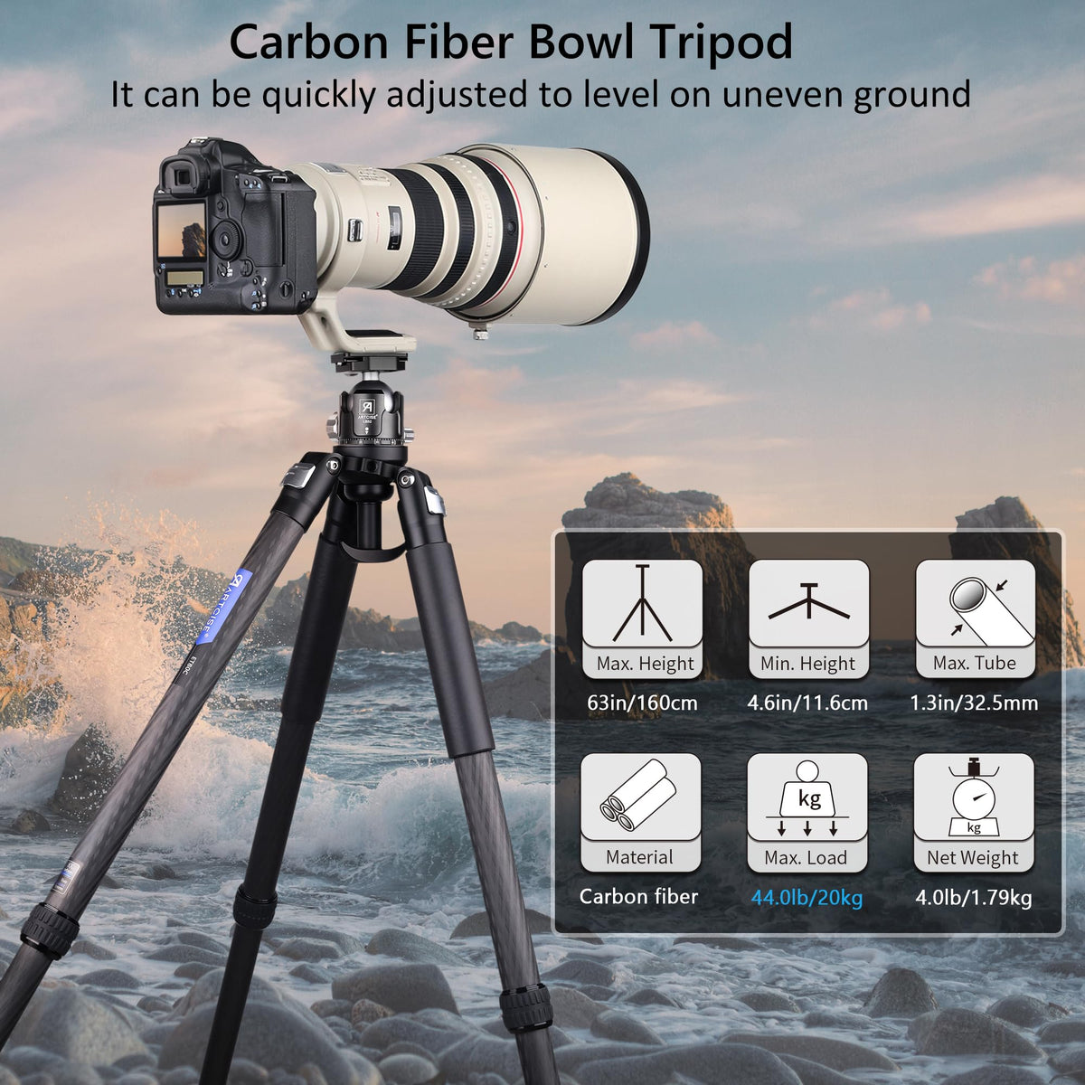 Carbon Fiber 32mm Tube Camera Tripod with 65mm Bowl Adapter I53355