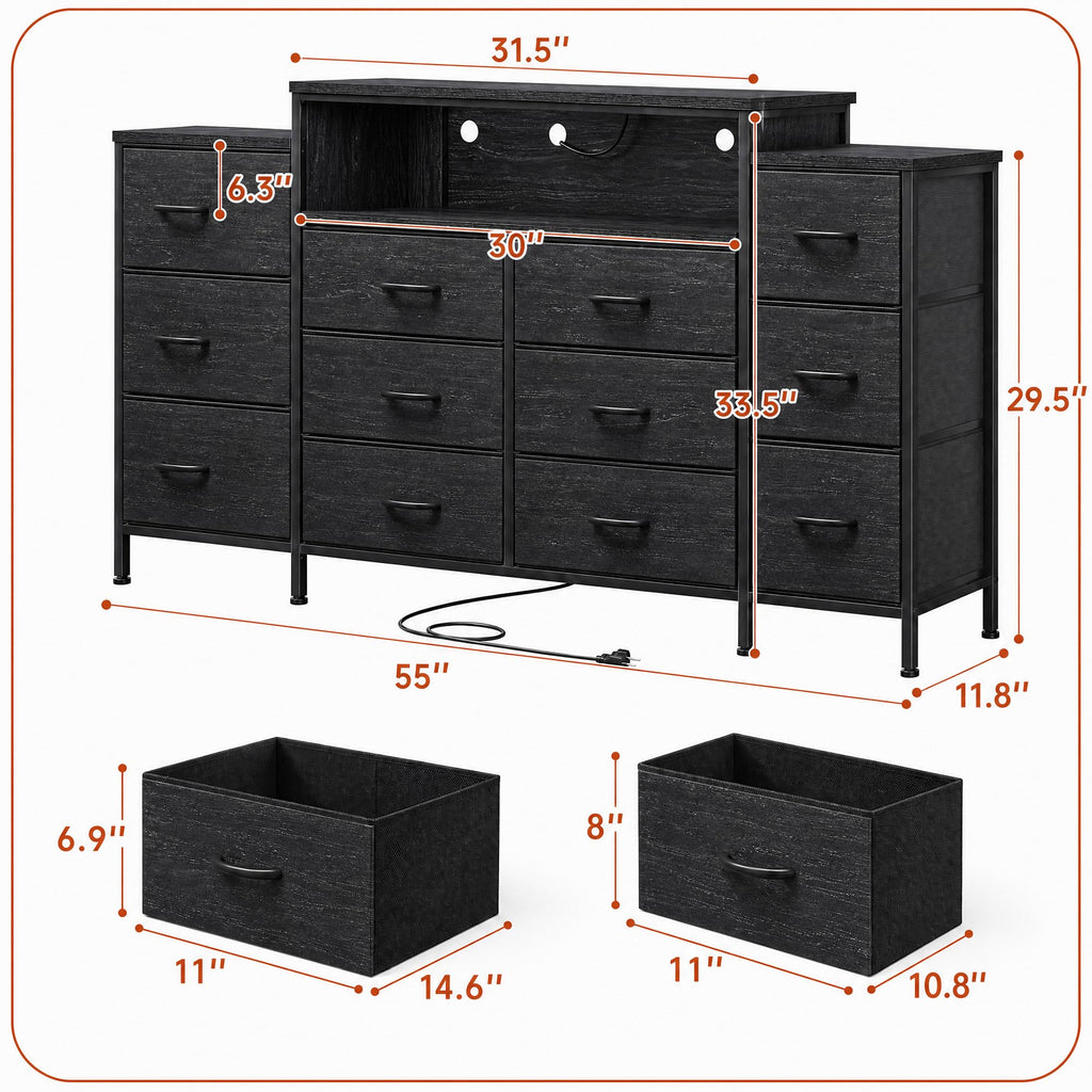 12 Drawer Dresser with LED Lights and Charging I800