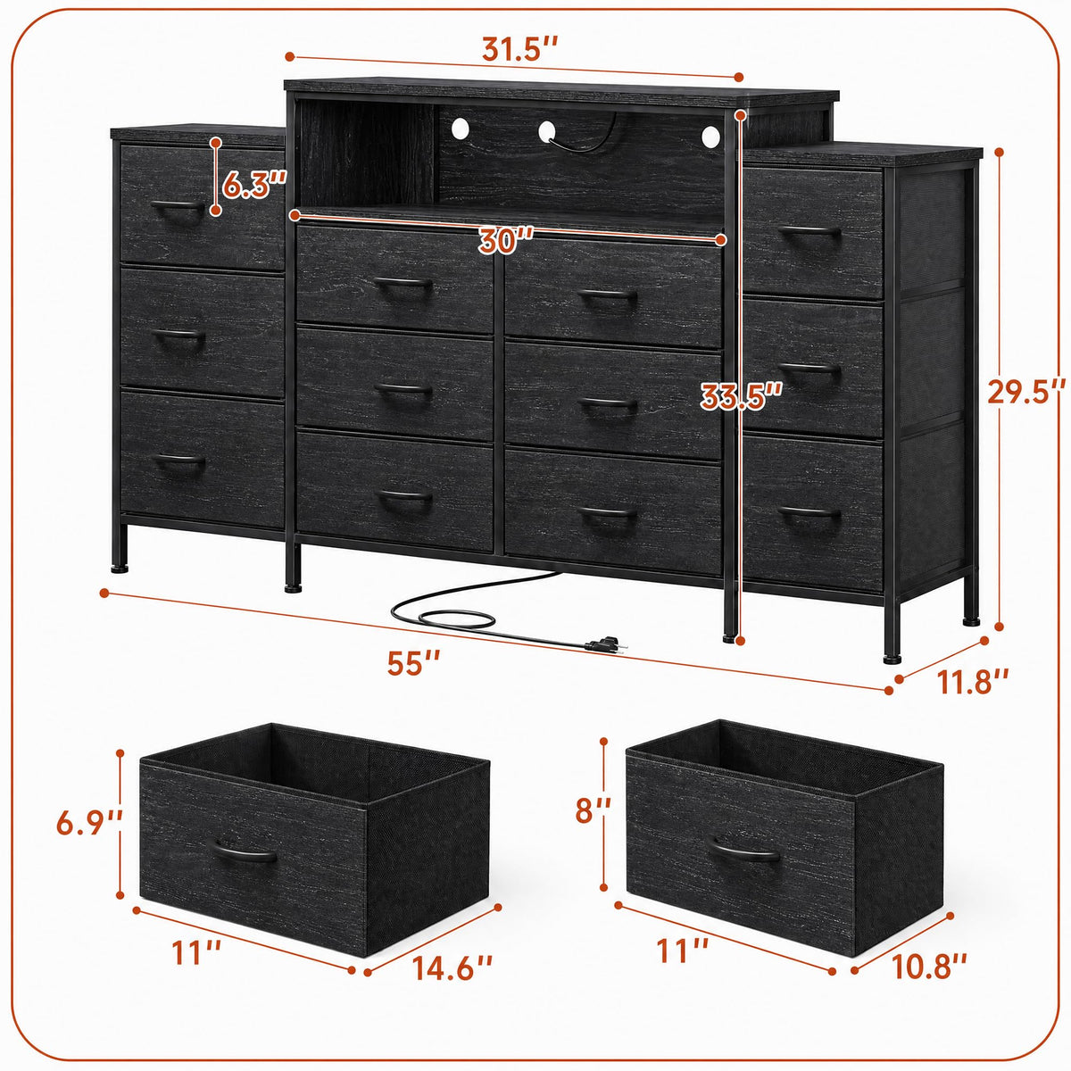 12 Drawer Dresser with LED Lights and Charging I800