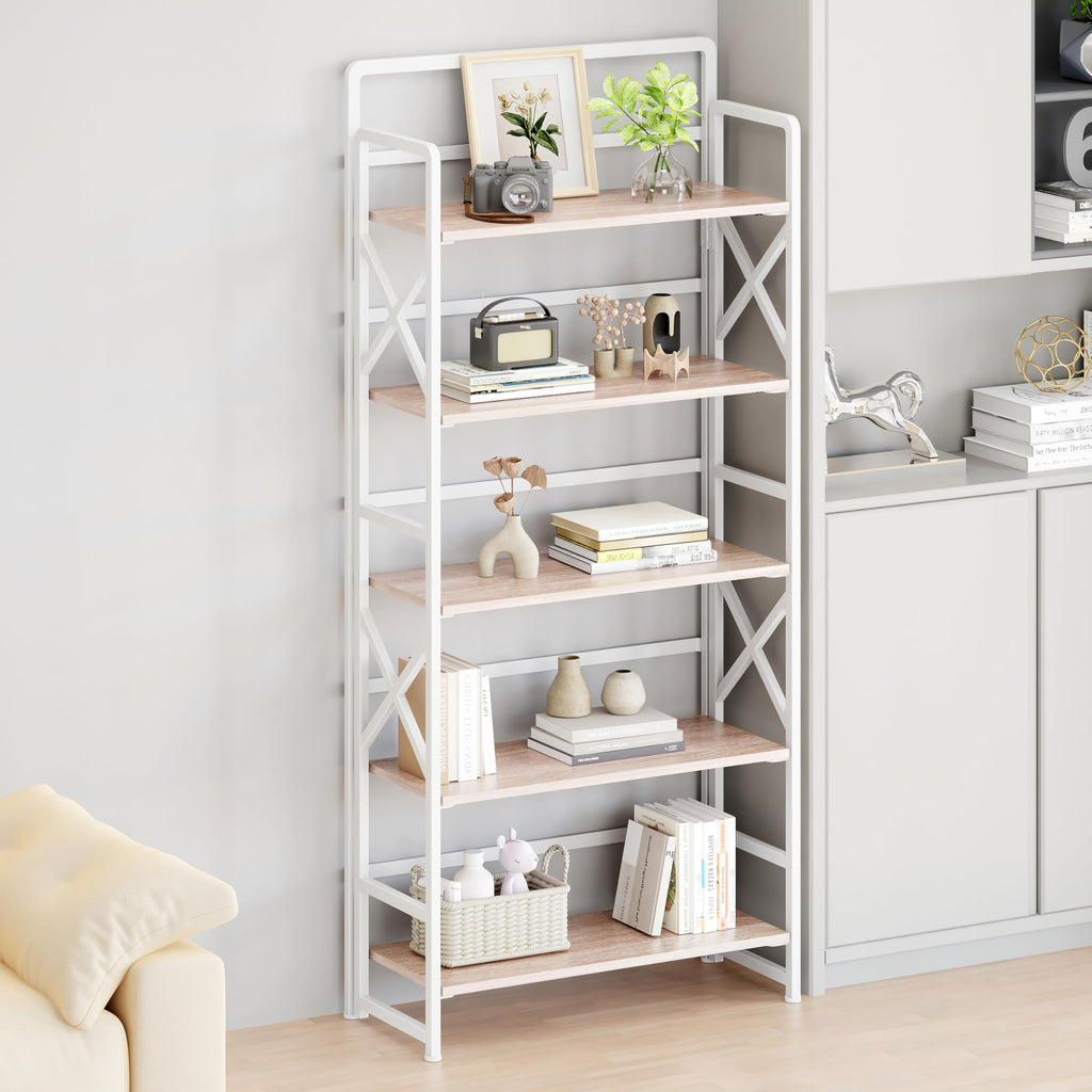 Folding Bookshelf 5 Tiers No Assembly Beige S43821