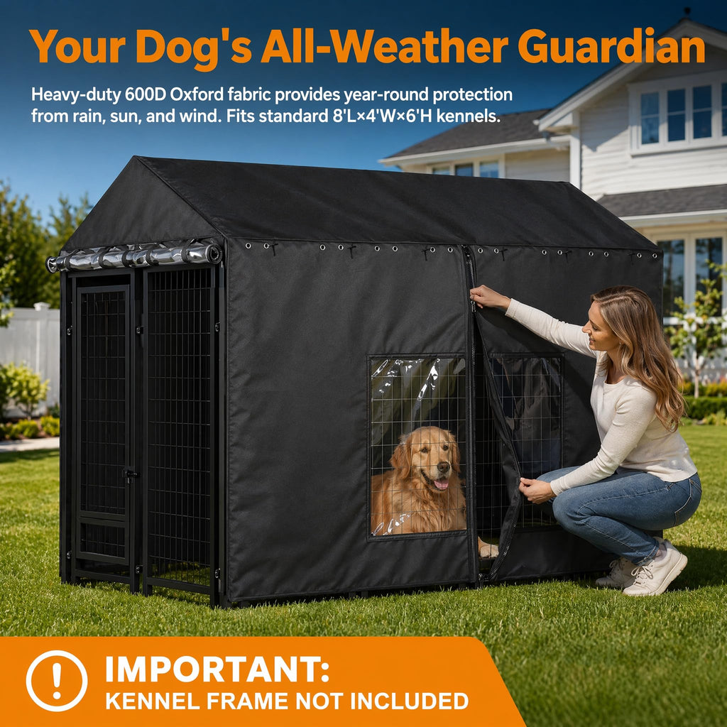 Outdoor Dog Kennel Cover with Clear PVC Windows & Roll-Up Panels Y940
