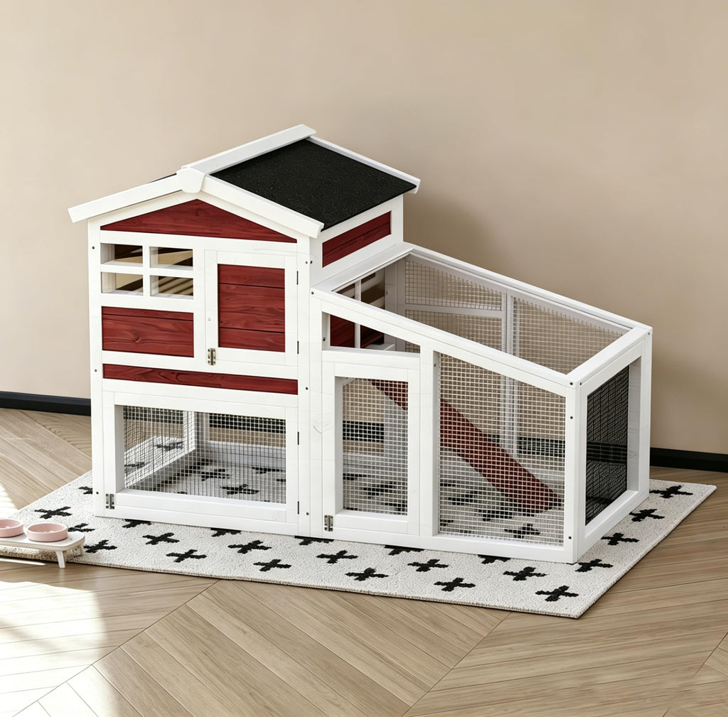 54" 2-Tier Wooden Rabbit Hutch with Run Z493