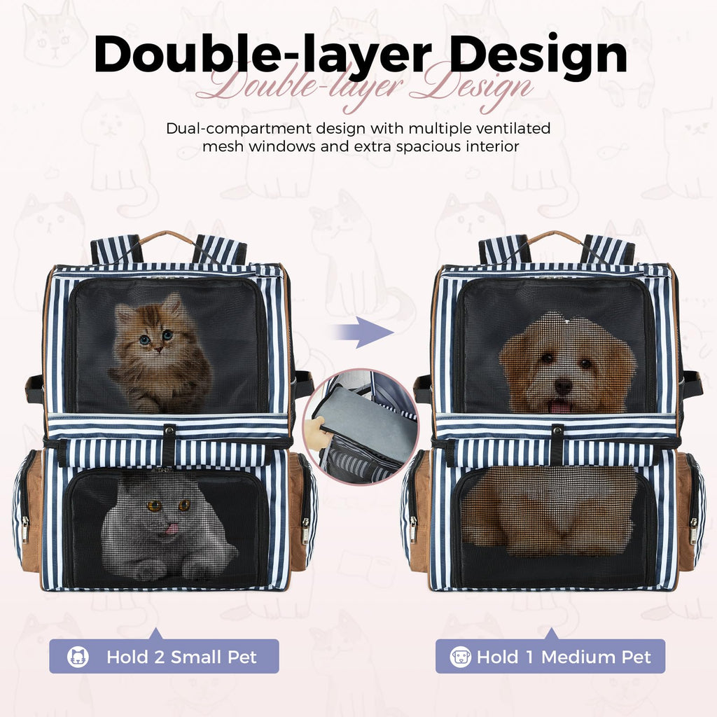 Double Cat Backpack Carrier for 2 Cats Blue Striped D8788