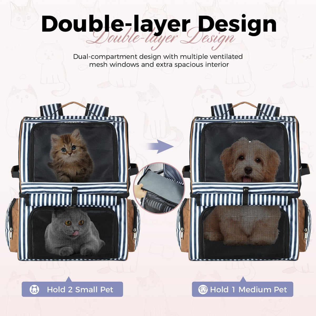 Double Cat Backpack Carrier for 2 Cats Blue Striped D8788