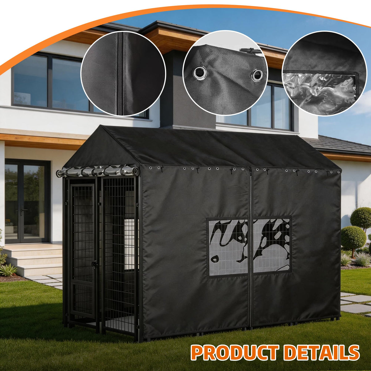 Outdoor Dog Kennel Cover with Clear PVC Windows & Roll-Up Panels Y940