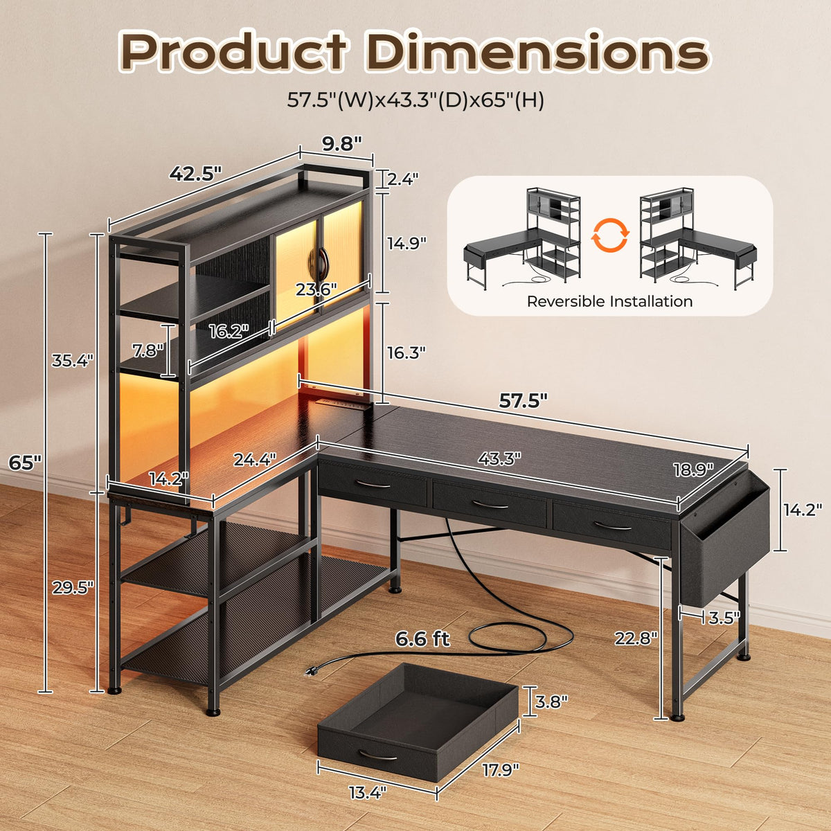 57.5 Inch L Shaped Gaming Desk with Power Outlets Z816509