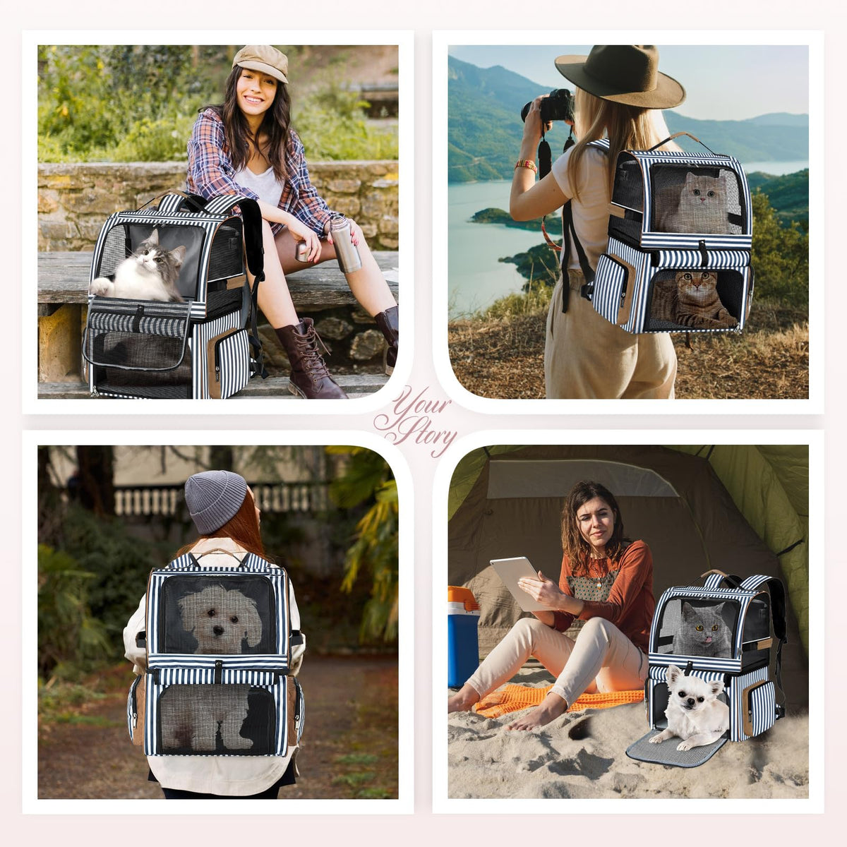 Double Cat Backpack Carrier for 2 Cats Blue Striped D8788