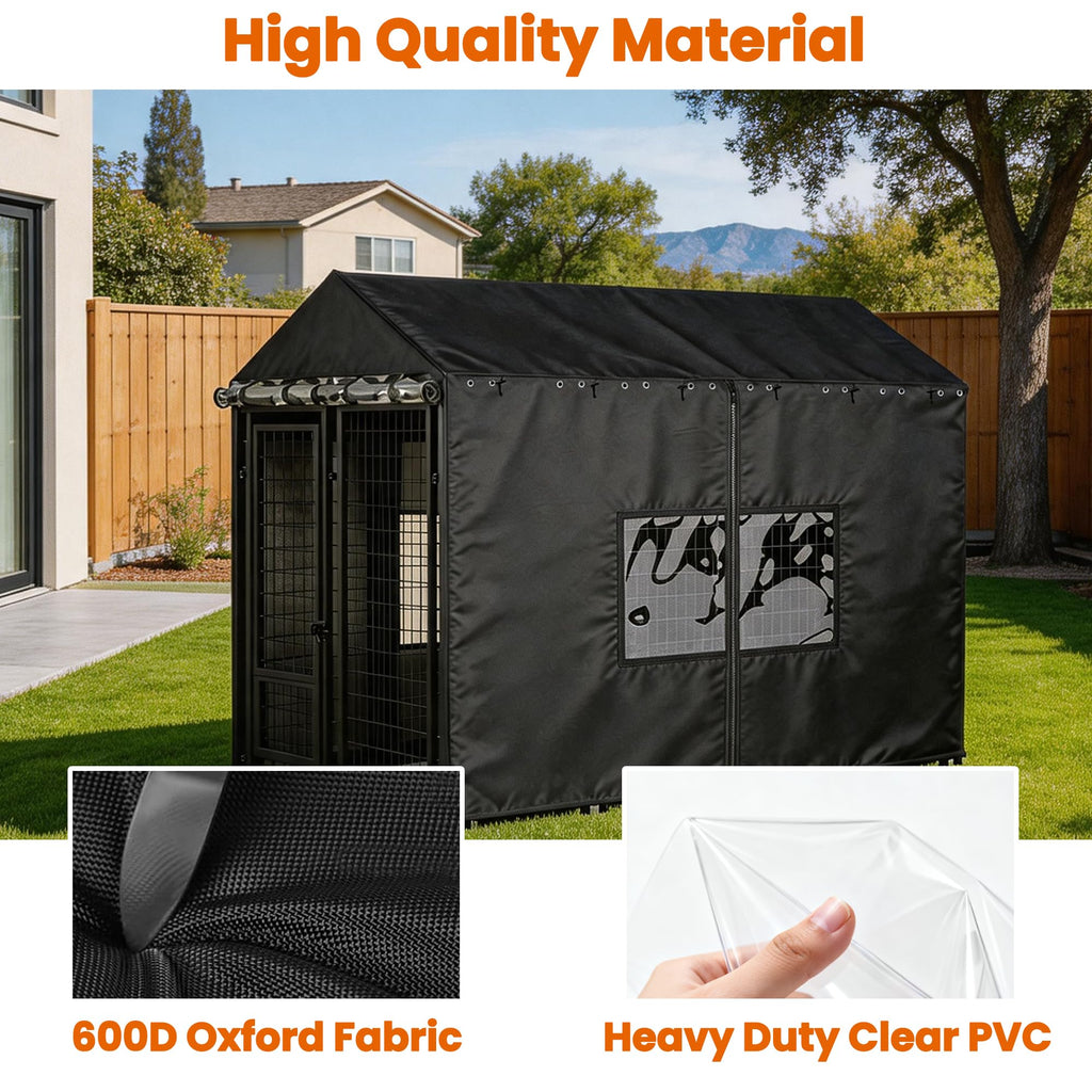 Outdoor Dog Kennel Cover with Clear PVC Windows & Roll-Up Panels Y940