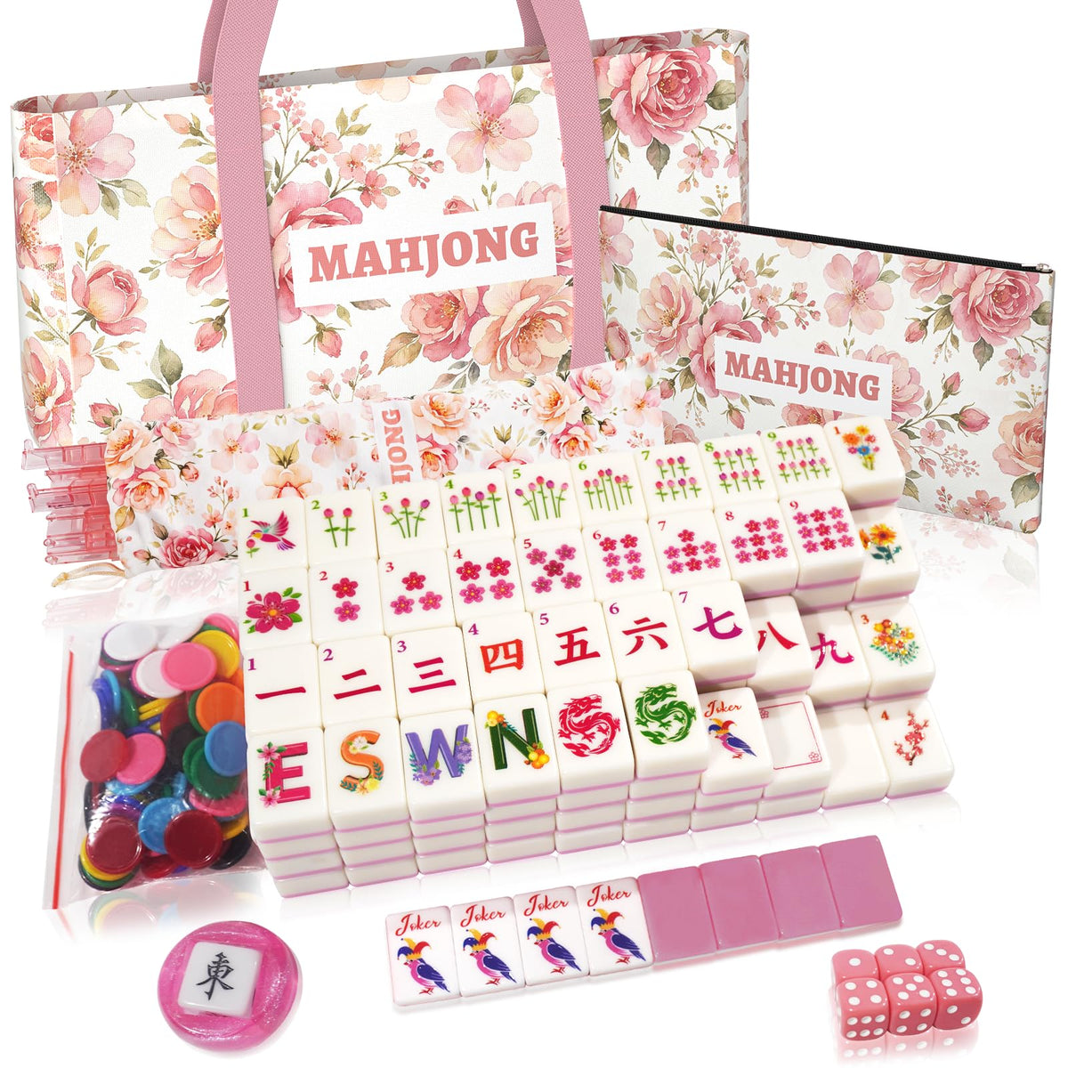 1.2” American Mahjong Set 168 Pink Floral Melamine Tiles H259989