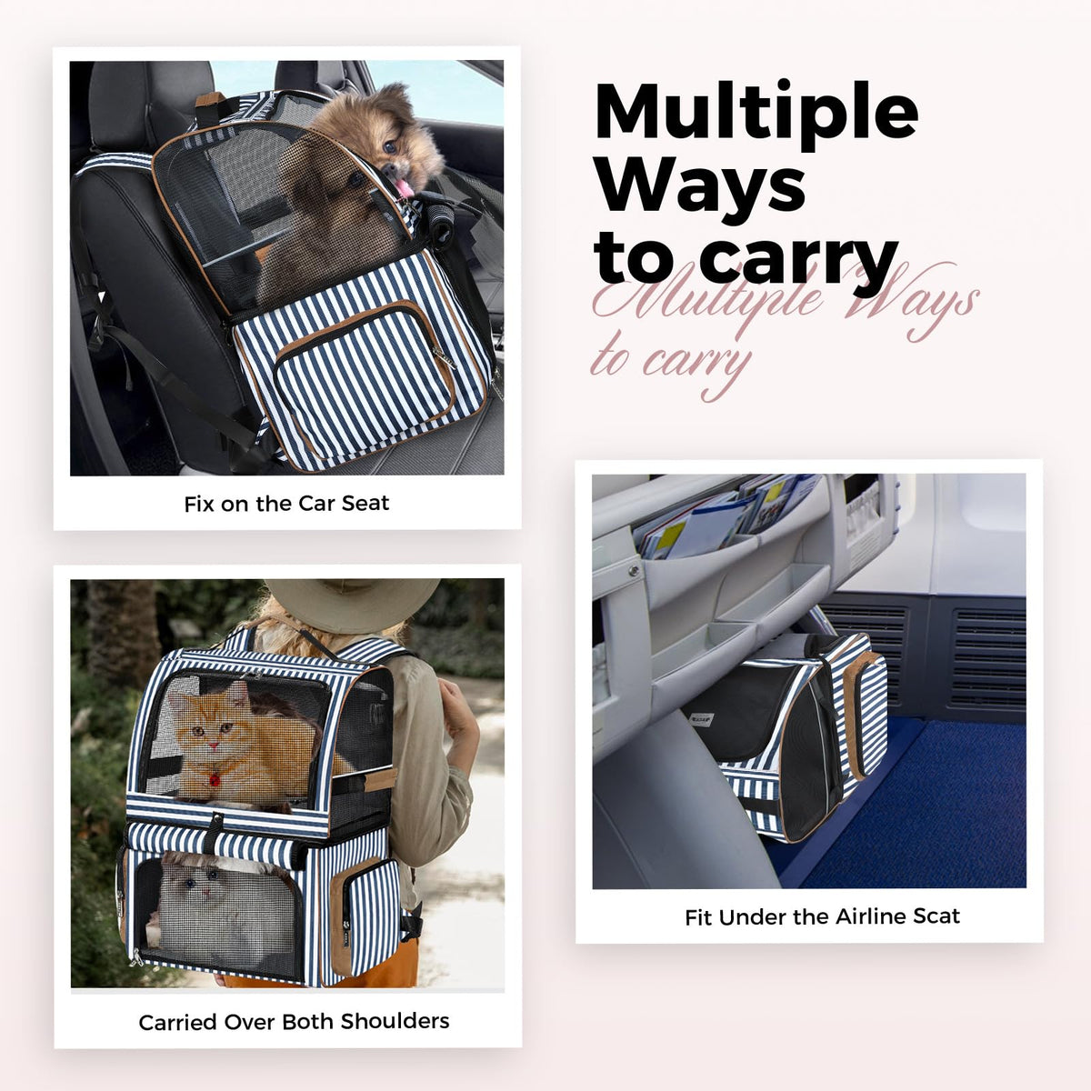 Double Cat Backpack Carrier for 2 Cats Blue Striped D8788