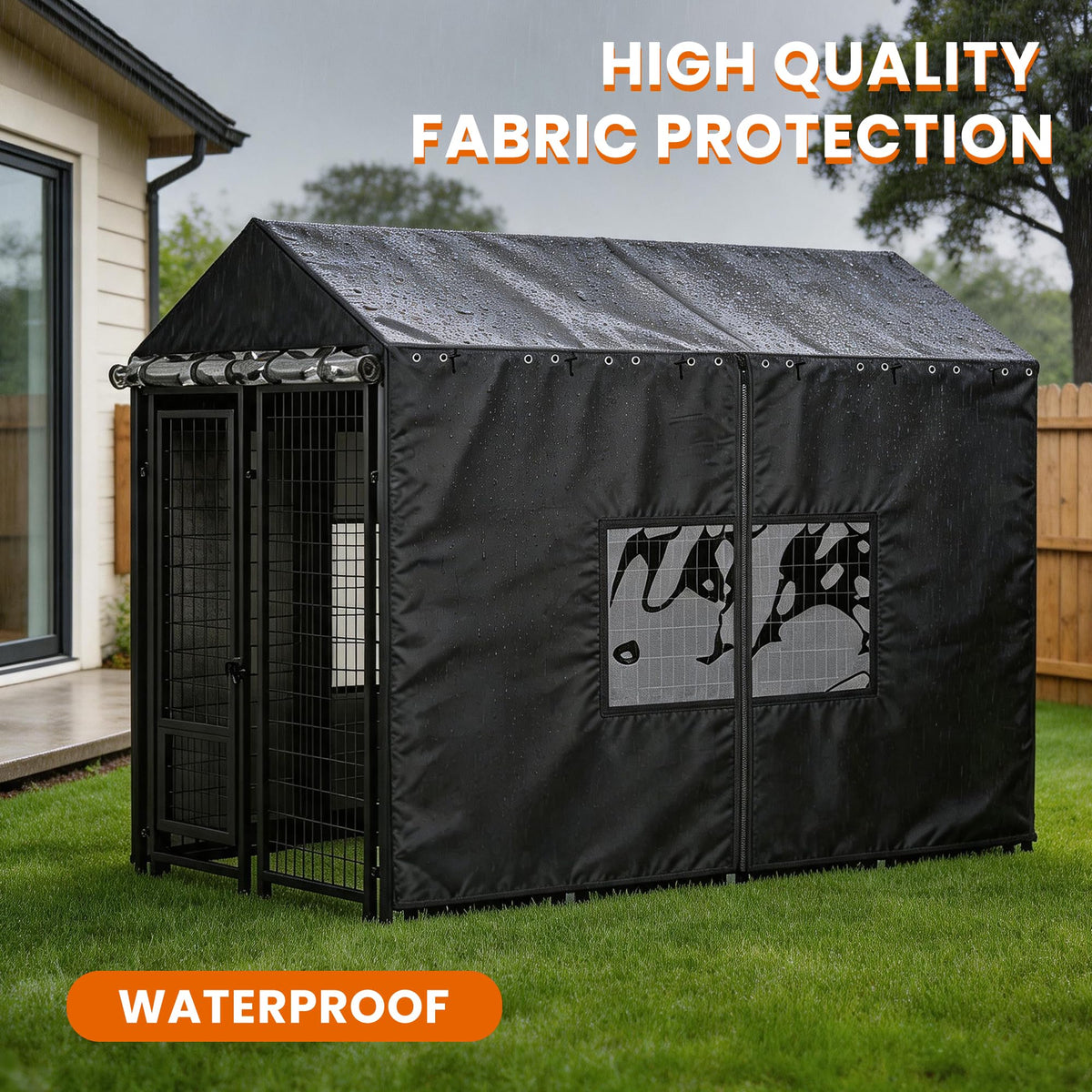 Outdoor Dog Kennel Cover with Clear PVC Windows & Roll-Up Panels Y940