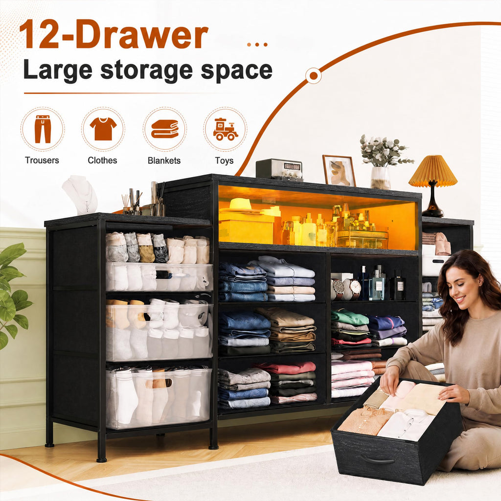 12 Drawer Dresser with LED Lights and Charging I800