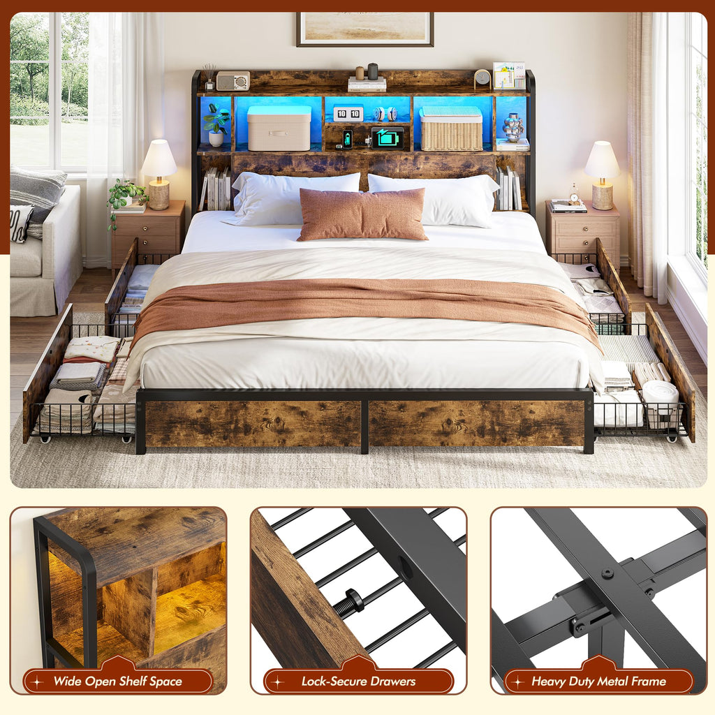 King Size Bed Frame with Storage Headboard & 4 Drawers H1852