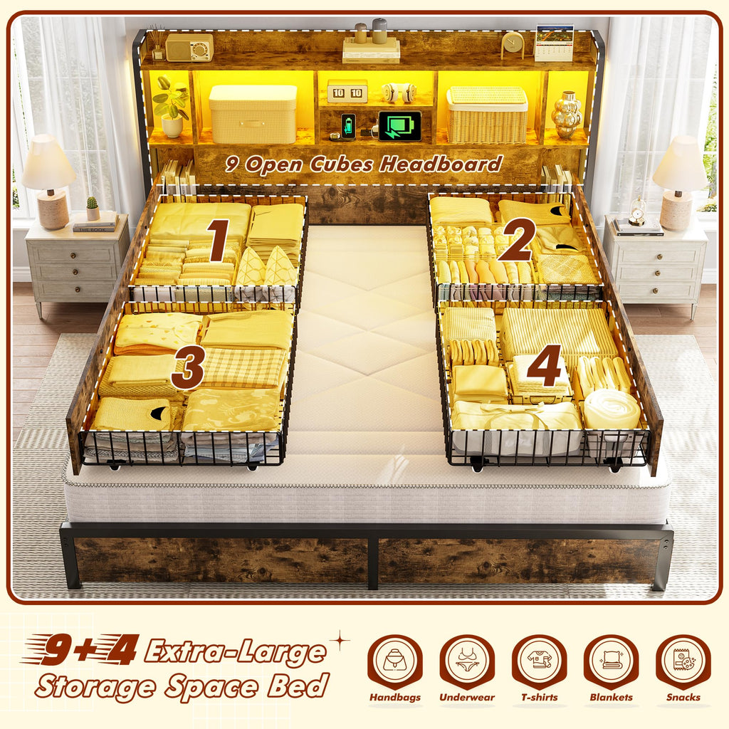King Size Bed Frame with Storage Headboard & 4 Drawers H1852