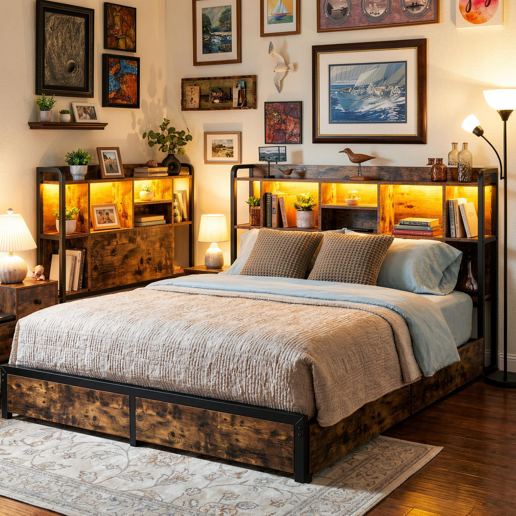 King Size Bed Frame with Storage Headboard & 4 Drawers H1852