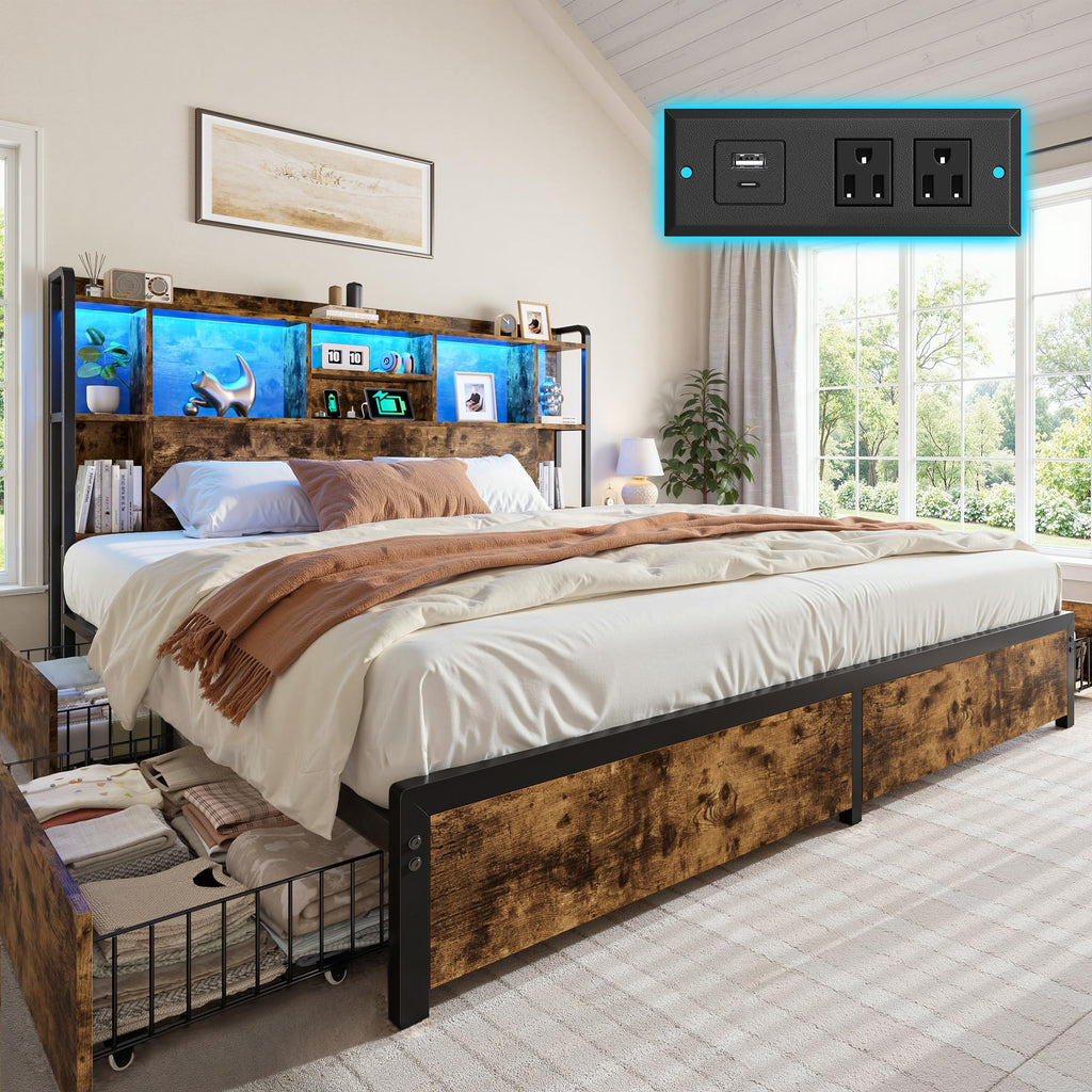 King Size Bed Frame with Storage Headboard & 4 Drawers H1852